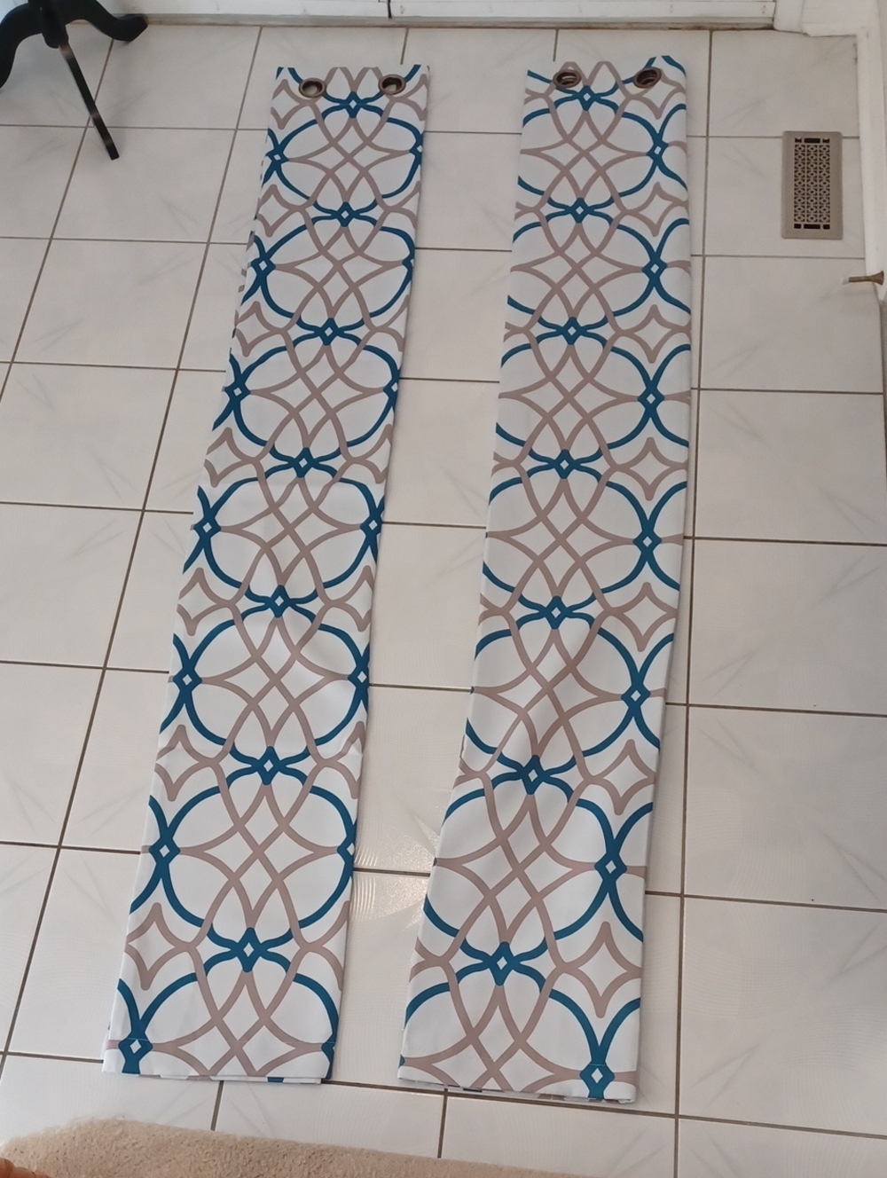 2/$50 Long White Curtains With Teal & Tan Goemetric Design & Grommets - Set Of 2